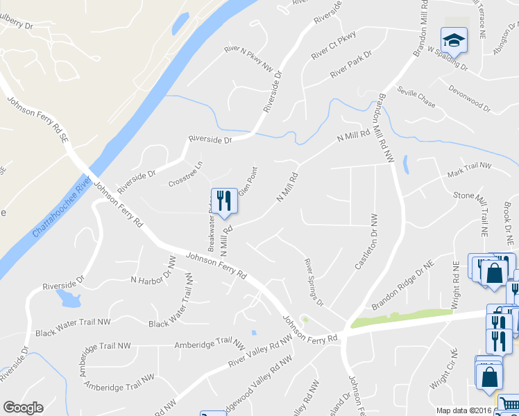 map of restaurants, bars, coffee shops, grocery stores, and more near 225 North Mill Road in Atlanta