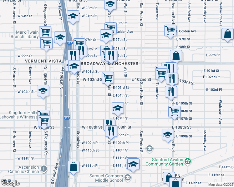 map of restaurants, bars, coffee shops, grocery stores, and more near 127 East 104th Street in Los Angeles