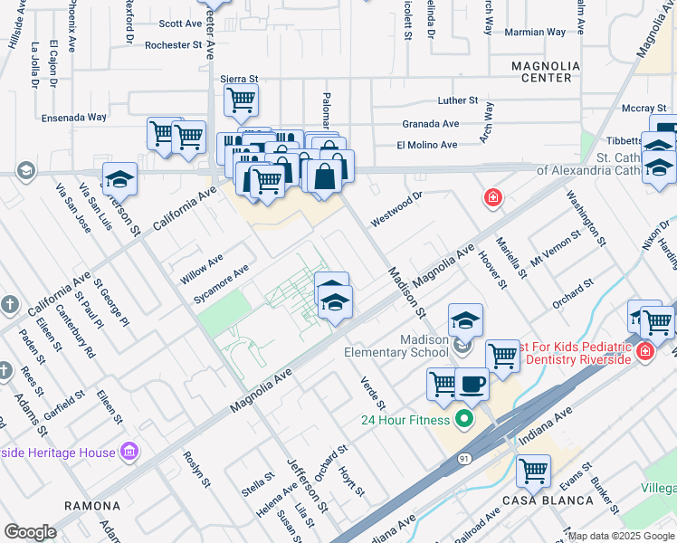 map of restaurants, bars, coffee shops, grocery stores, and more near 3900 San Mateo Avenue in Riverside