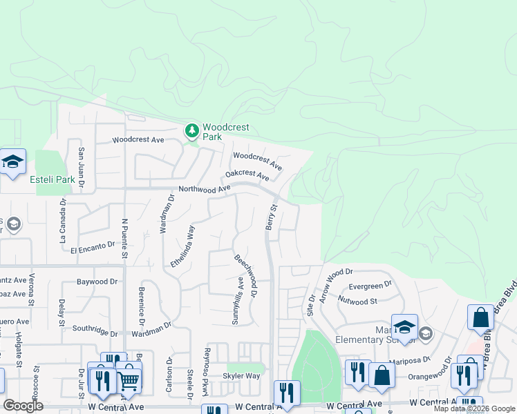 map of restaurants, bars, coffee shops, grocery stores, and more near 1446 Beechwood Drive in Brea