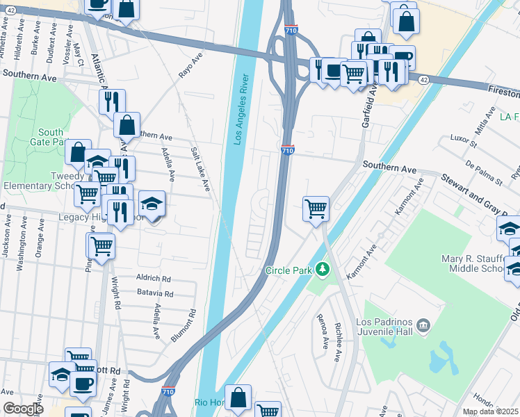 map of restaurants, bars, coffee shops, grocery stores, and more near 10001 West Frontage Road in South Gate