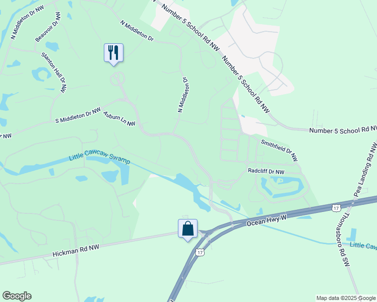map of restaurants, bars, coffee shops, grocery stores, and more near 191 South Middleton Drive Northwest in Calabash