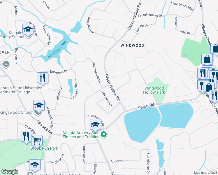 map of restaurants, bars, coffee shops, grocery stores, and more near 4906 Happy Hollow Road in Atlanta