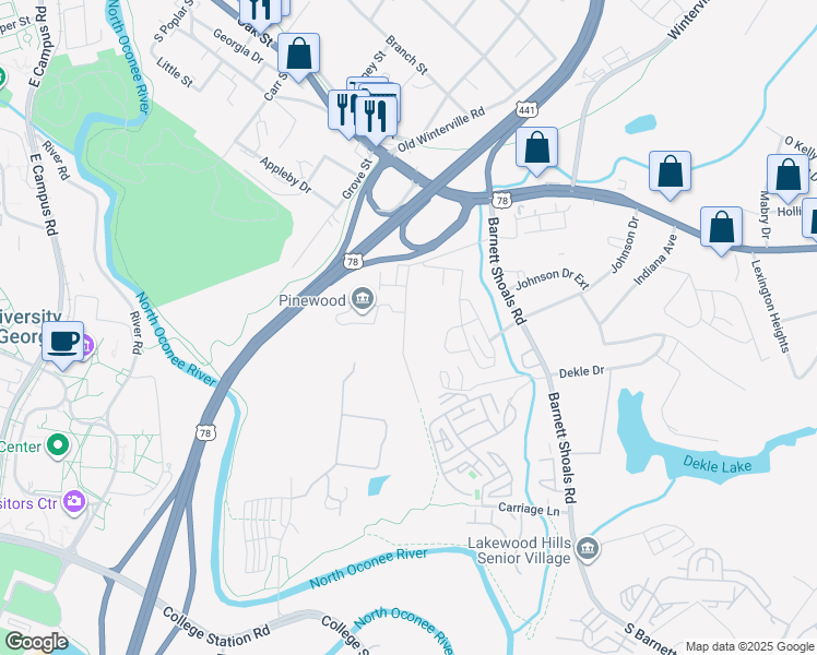 map of restaurants, bars, coffee shops, grocery stores, and more near 263 Bailey Street in Athens