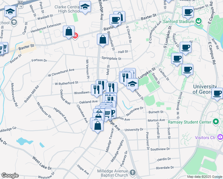 map of restaurants, bars, coffee shops, grocery stores, and more near 211 West Rutherford Street in Athens