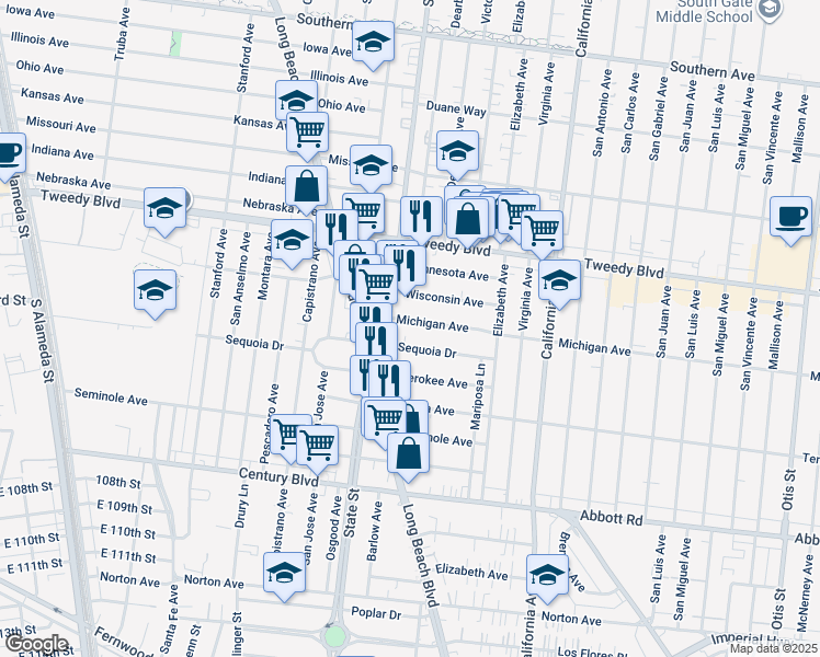 map of restaurants, bars, coffee shops, grocery stores, and more near 3269 Sequoia Drive in South Gate