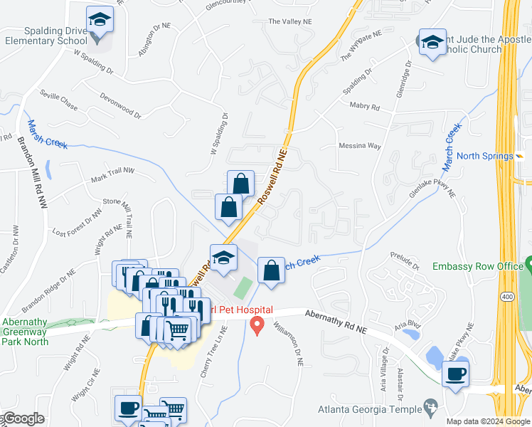 map of restaurants, bars, coffee shops, grocery stores, and more near 6851 Roswell Road Northeast in Atlanta