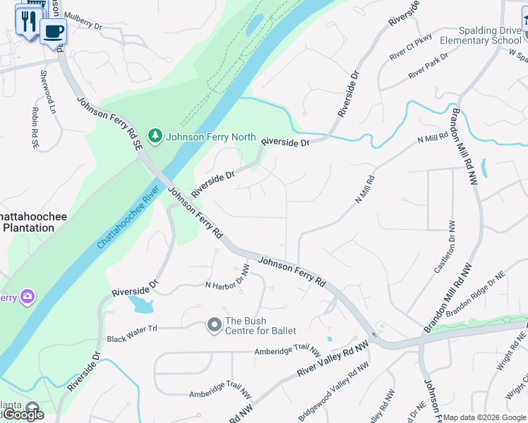 map of restaurants, bars, coffee shops, grocery stores, and more near 235 Landfall Road in Sandy Springs