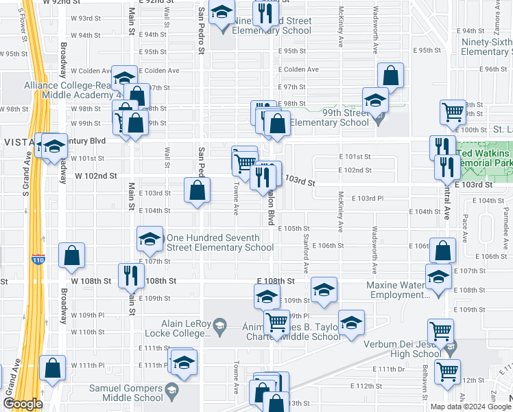 map of restaurants, bars, coffee shops, grocery stores, and more near 435 E 104th St in Los Angeles