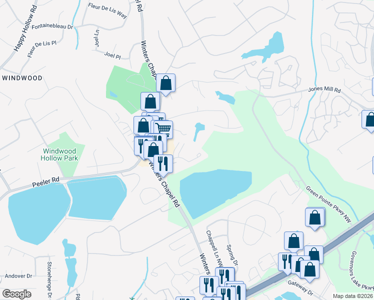 map of restaurants, bars, coffee shops, grocery stores, and more near 7060 Winterbrook Court in Atlanta