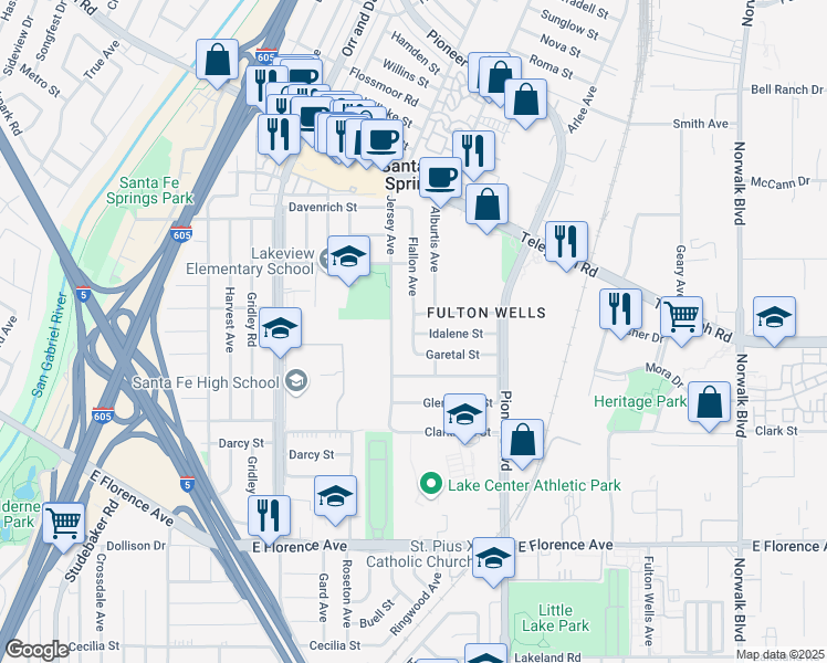 map of restaurants, bars, coffee shops, grocery stores, and more near Flallon Avenue in Santa Fe Springs