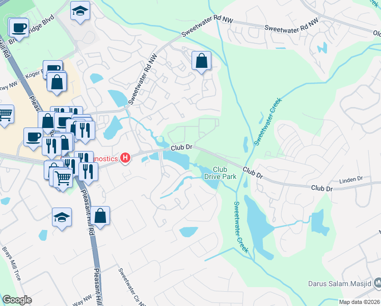 map of restaurants, bars, coffee shops, grocery stores, and more near 3350 Club Drive in Lawrenceville