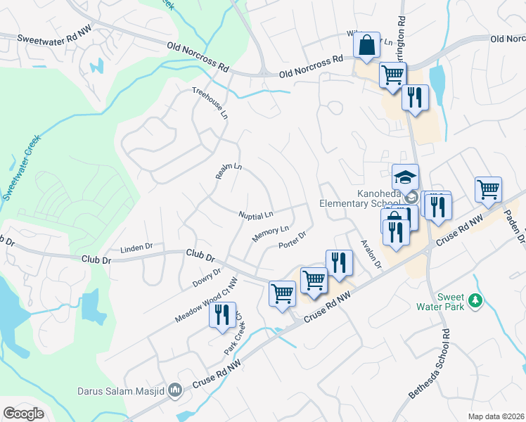 map of restaurants, bars, coffee shops, grocery stores, and more near 2867 Nuptial Lane in Lawrenceville