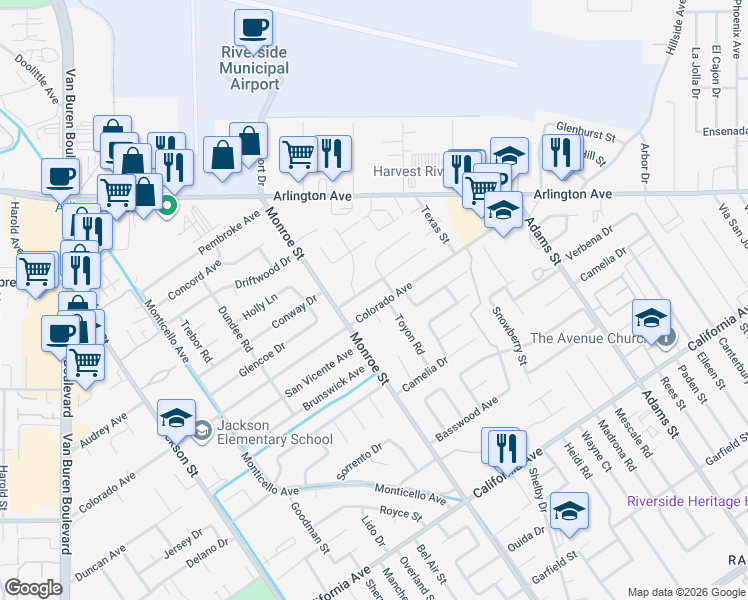 map of restaurants, bars, coffee shops, grocery stores, and more near 8637 Colorado Avenue in Riverside
