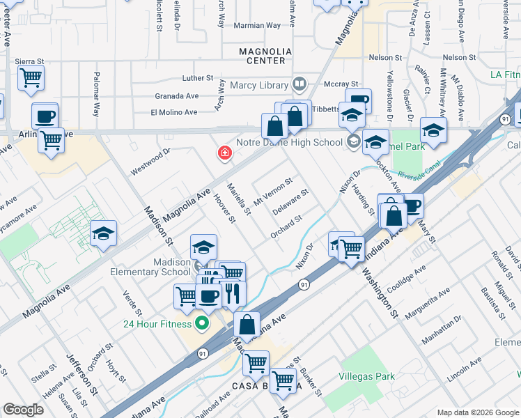 map of restaurants, bars, coffee shops, grocery stores, and more near 3687 Mariella Street in Riverside