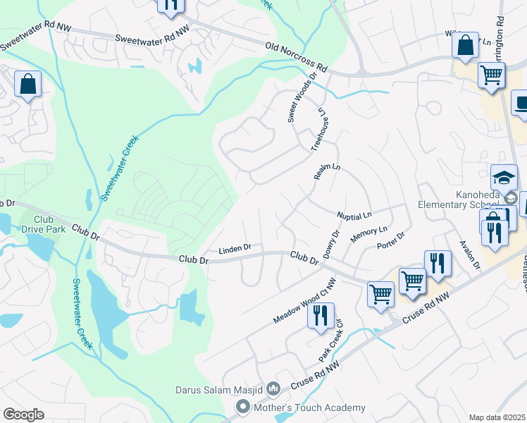 map of restaurants, bars, coffee shops, grocery stores, and more near 1271 Hampton Hill Court in Lawrenceville