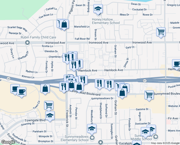 map of restaurants, bars, coffee shops, grocery stores, and more near 23195 Hemlock Avenue in Moreno Valley