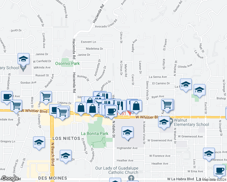 map of restaurants, bars, coffee shops, grocery stores, and more near 10032 Vecino Lane in La Habra