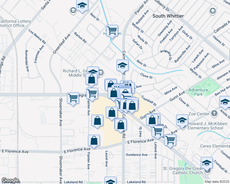 map of restaurants, bars, coffee shops, grocery stores, and more near 10081 Carmenita Road in Whittier