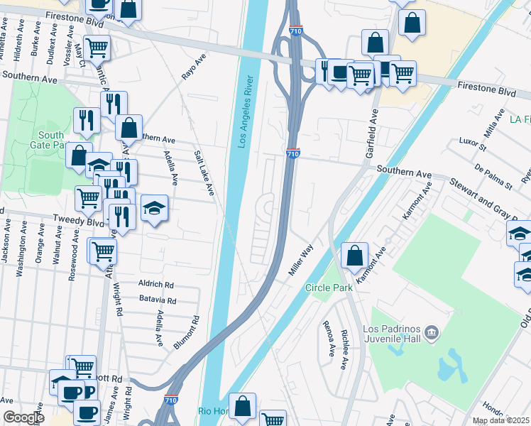 map of restaurants, bars, coffee shops, grocery stores, and more near 10001 West Frontage Road in South Gate