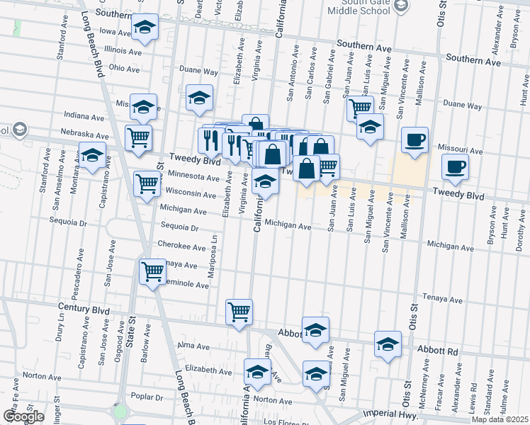 map of restaurants, bars, coffee shops, grocery stores, and more near 10132 California Avenue in South Gate