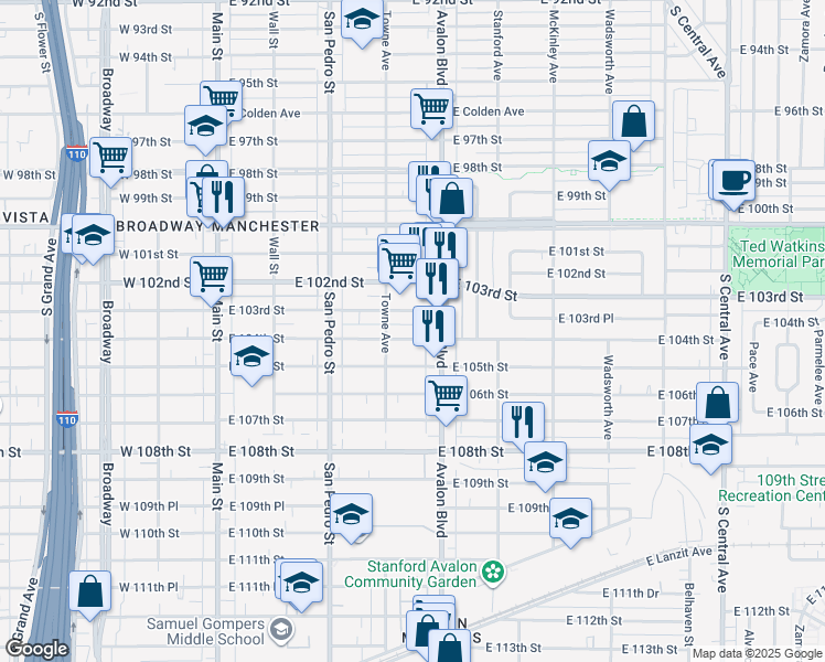 map of restaurants, bars, coffee shops, grocery stores, and more near 435 East 104th Street in Los Angeles