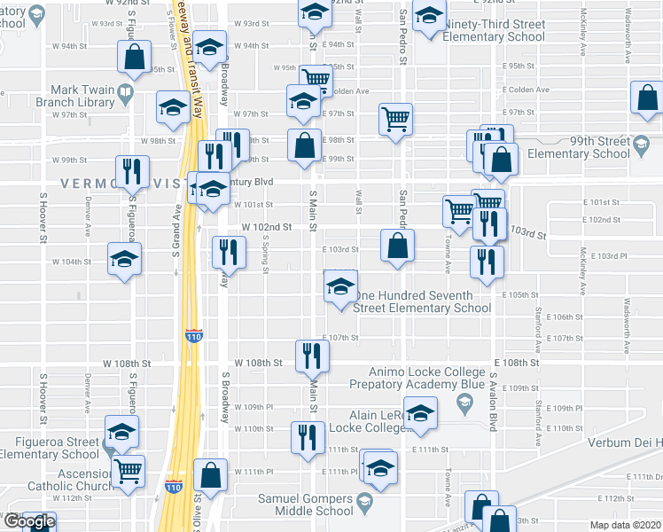 map of restaurants, bars, coffee shops, grocery stores, and more near 109 East 104th Street in Los Angeles