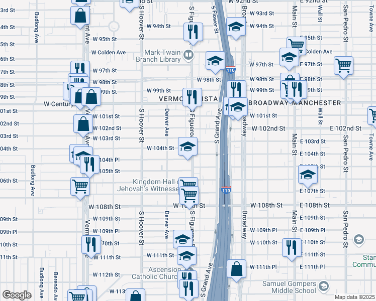 map of restaurants, bars, coffee shops, grocery stores, and more near 451 West 104th Street in Los Angeles