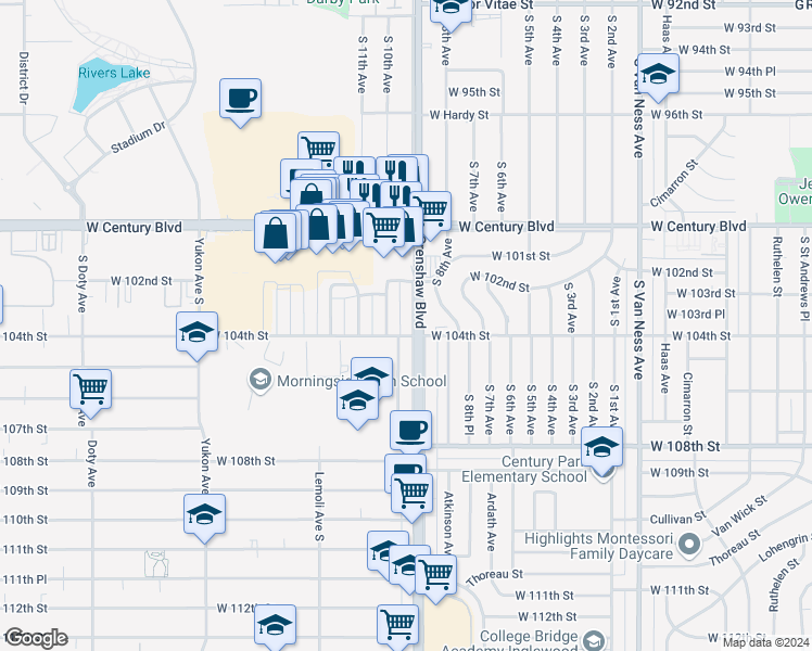 map of restaurants, bars, coffee shops, grocery stores, and more near 10242 South 10th Avenue in Inglewood