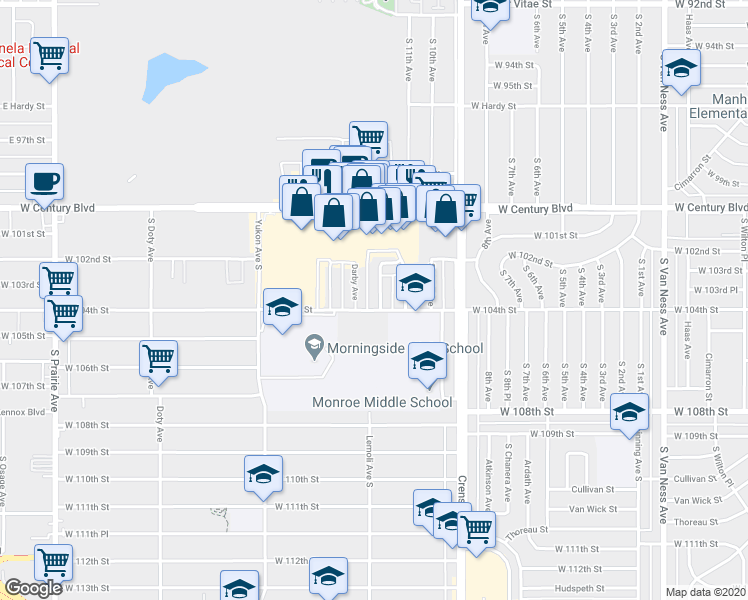 map of restaurants, bars, coffee shops, grocery stores, and more near 3319 West 104th Street in Inglewood