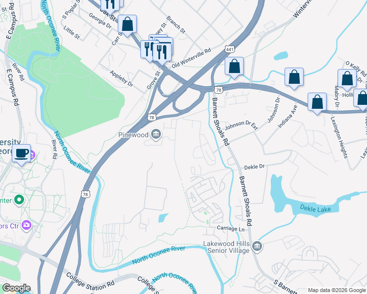 map of restaurants, bars, coffee shops, grocery stores, and more near 263 Bailey Street in Athens