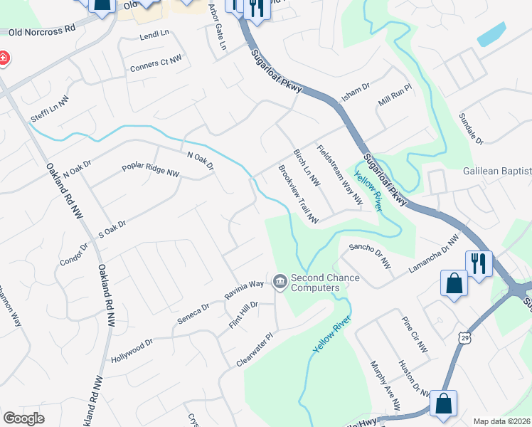 map of restaurants, bars, coffee shops, grocery stores, and more near 521 Cold Brook Court in Lawrenceville