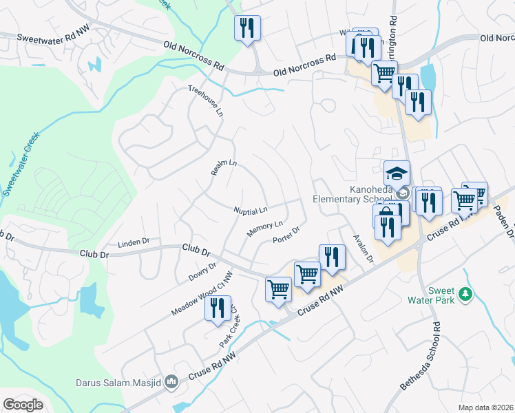 map of restaurants, bars, coffee shops, grocery stores, and more near 2867 Nuptial Lane in Lawrenceville