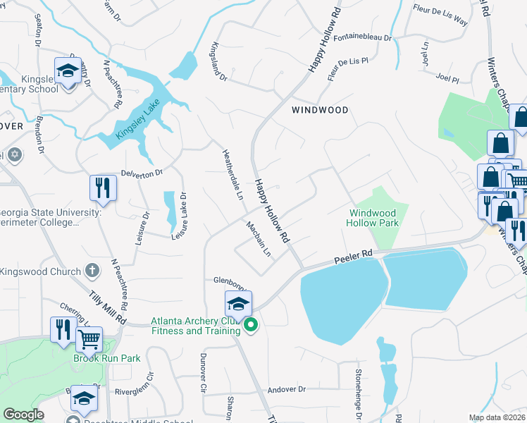 map of restaurants, bars, coffee shops, grocery stores, and more near 4906 Happy Hollow Road in Atlanta