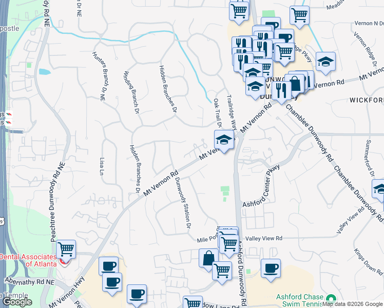 map of restaurants, bars, coffee shops, grocery stores, and more near 4894 Bellewood Park in Dunwoody