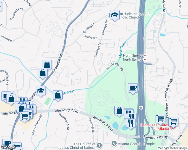 map of restaurants, bars, coffee shops, grocery stores, and more near 6814 Glenridge Drive in Atlanta