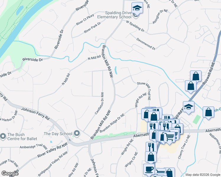 map of restaurants, bars, coffee shops, grocery stores, and more near 6845 Castleton Drive Northwest in Atlanta