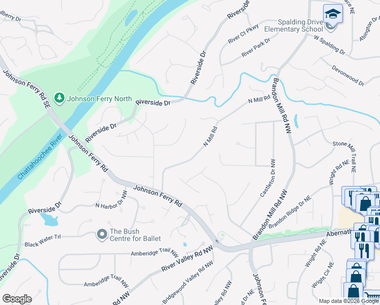map of restaurants, bars, coffee shops, grocery stores, and more near 225 North Mill Road in Atlanta