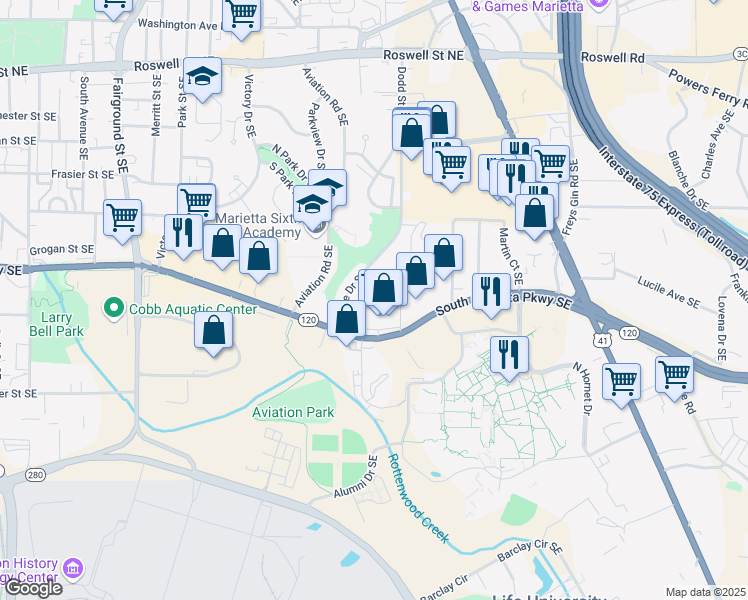 map of restaurants, bars, coffee shops, grocery stores, and more near 949 South Marietta Parkway Southeast in Marietta