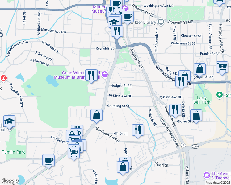 map of restaurants, bars, coffee shops, grocery stores, and more near 42 Dalmer Drive in Marietta