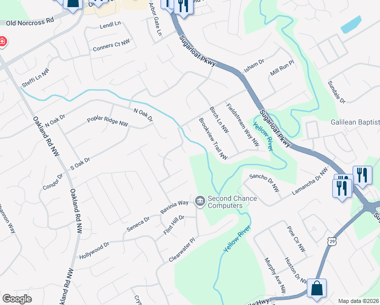 map of restaurants, bars, coffee shops, grocery stores, and more near 521 Cold Brook Court in Lawrenceville