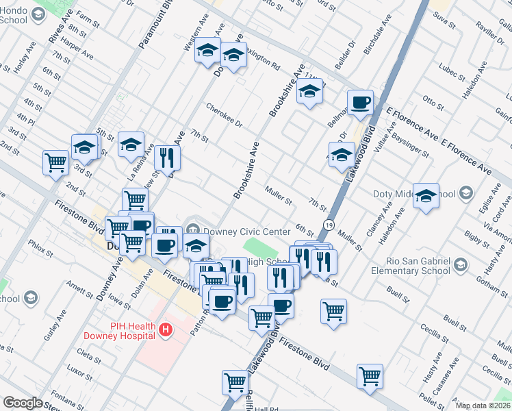 map of restaurants, bars, coffee shops, grocery stores, and more near 8538 6th Street in Downey