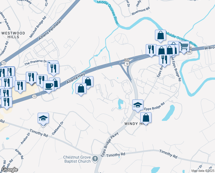 map of restaurants, bars, coffee shops, grocery stores, and more near 350 Wood Lake Drive in Athens