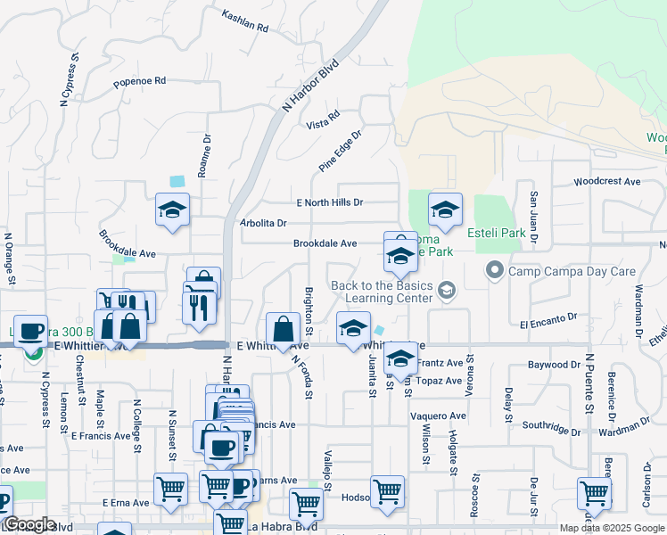 map of restaurants, bars, coffee shops, grocery stores, and more near 1050 Shelburne Street in La Habra