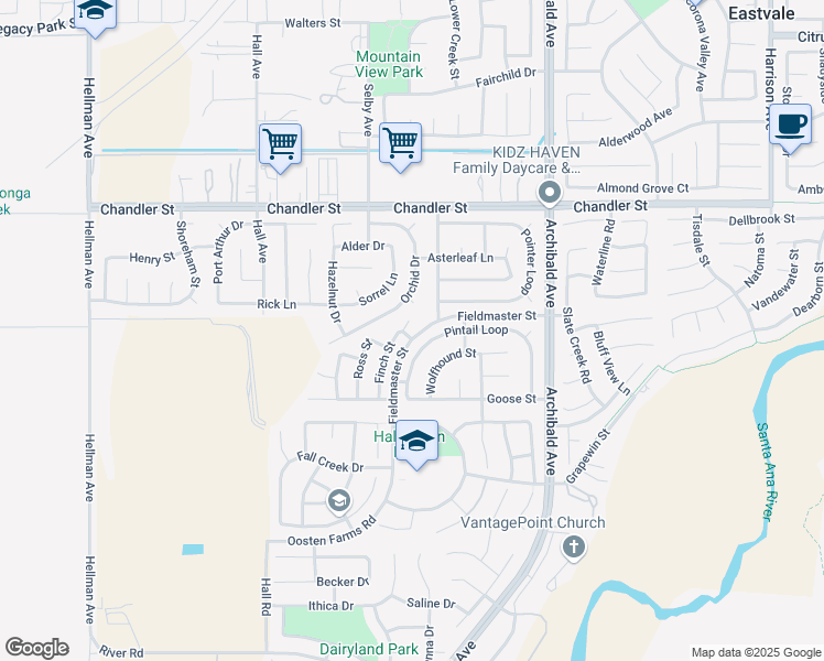 map of restaurants, bars, coffee shops, grocery stores, and more near 8036 Finch Street in Corona