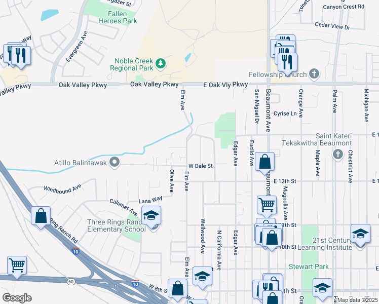 map of restaurants, bars, coffee shops, grocery stores, and more near 1266 Elm Avenue in Beaumont