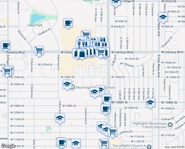 map of restaurants, bars, coffee shops, grocery stores, and more near 10239 Woodworth Avenue in Inglewood