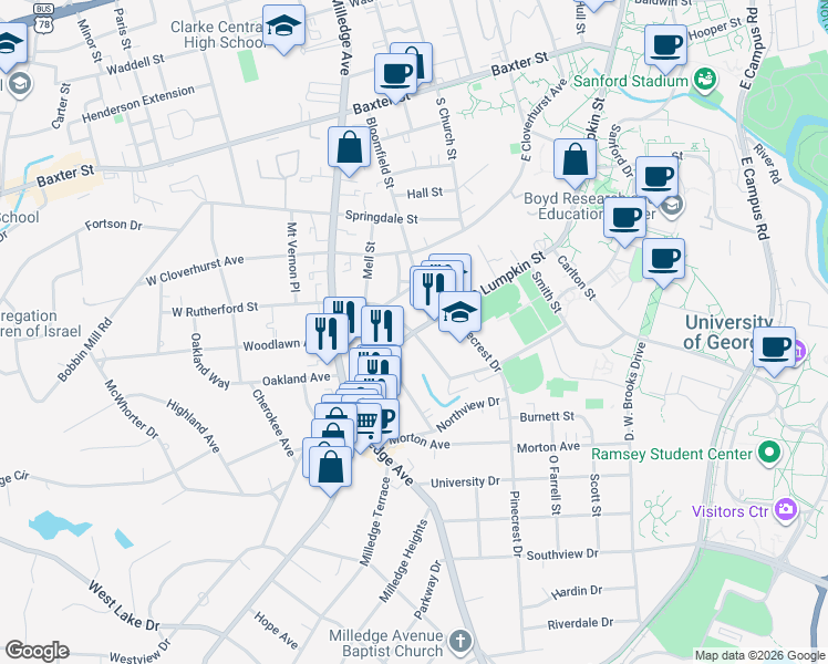 map of restaurants, bars, coffee shops, grocery stores, and more near S Lumpkin St & W Rutherford St in Athens