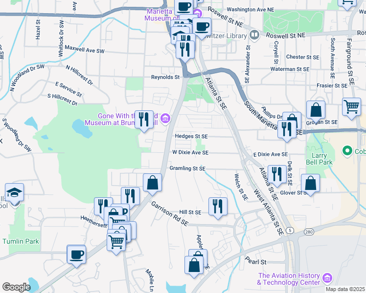 map of restaurants, bars, coffee shops, grocery stores, and more near 42 Dalmer Drive in Marietta