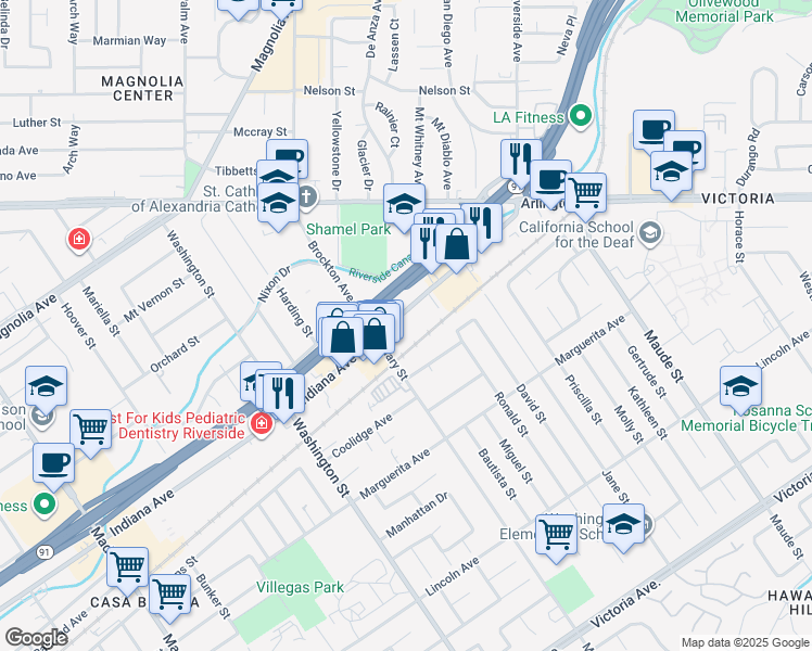 map of restaurants, bars, coffee shops, grocery stores, and more near 6886 Indiana Ave in Riverside